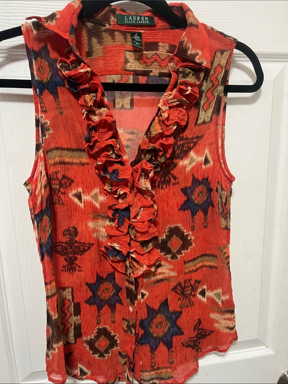 Ralph Lauren Aztec Southwestern Ruffle Sleeveless Blouse Medium